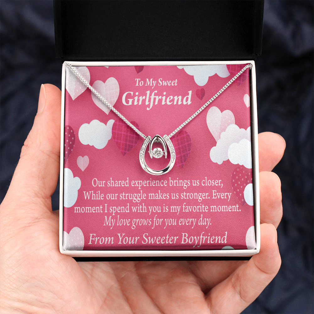 To My Girlfriend Every Moment Card Lucky Horseshoe Necklace Message Card 14k w CZ Crystals-Express Your Love Gifts