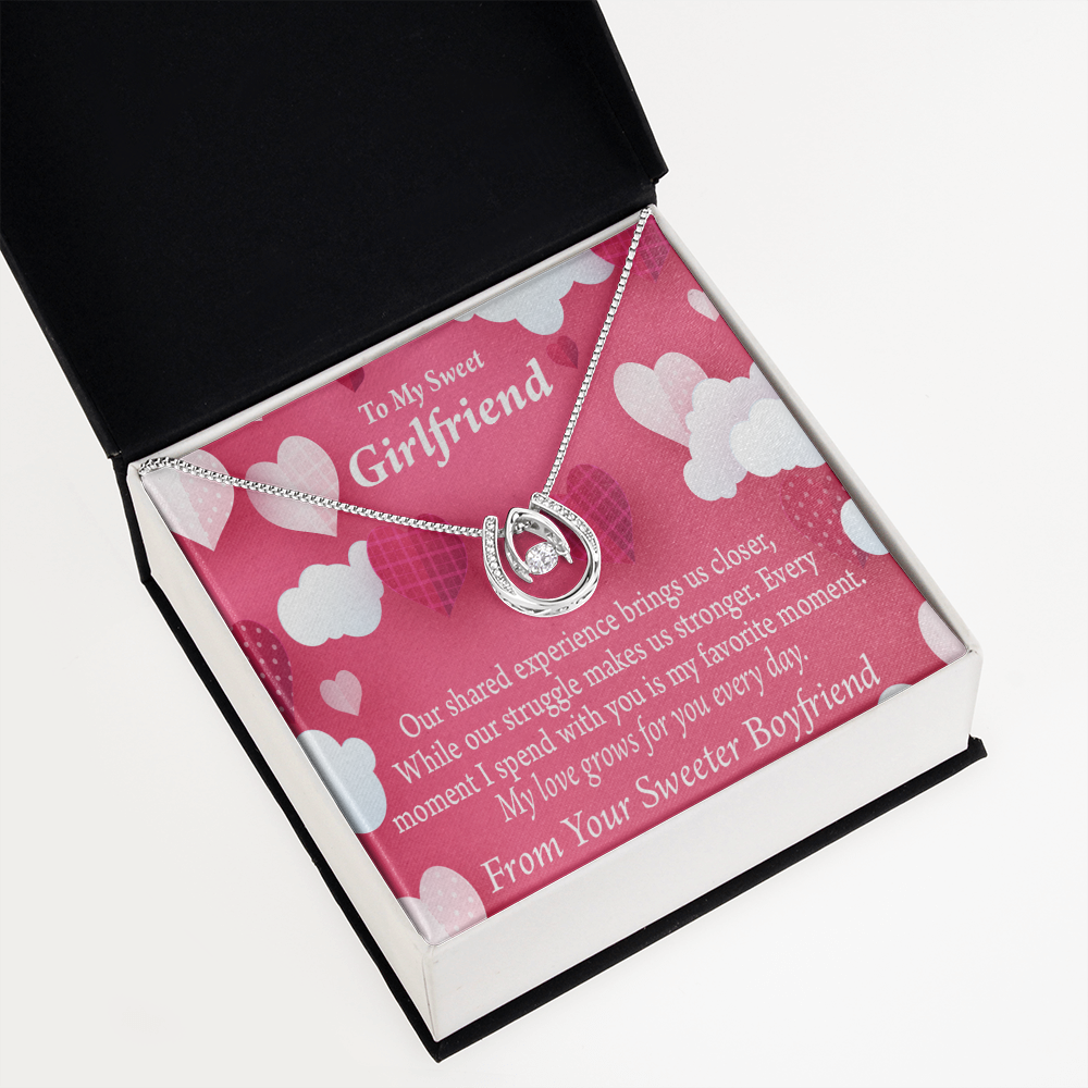 To My Girlfriend Every Moment Card Lucky Horseshoe Necklace Message Card 14k w CZ Crystals-Express Your Love Gifts