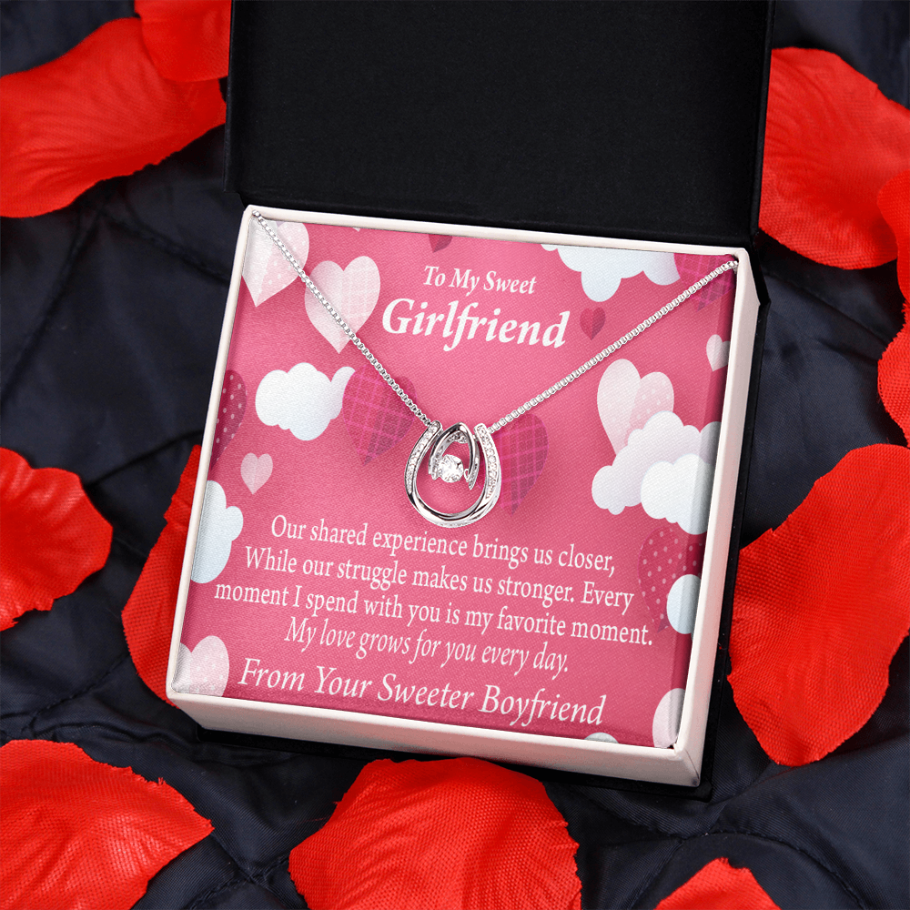 To My Girlfriend Every Moment Card Lucky Horseshoe Necklace Message Card 14k w CZ Crystals-Express Your Love Gifts