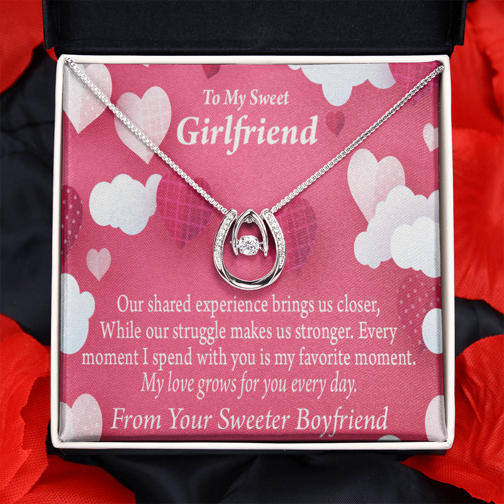 To My Girlfriend Every Moment Card Lucky Horseshoe Necklace Message Card 14k w CZ Crystals-Express Your Love Gifts