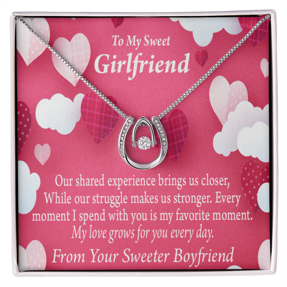 To My Girlfriend Every Moment Card Lucky Horseshoe Necklace Message Card 14k w CZ Crystals-Express Your Love Gifts