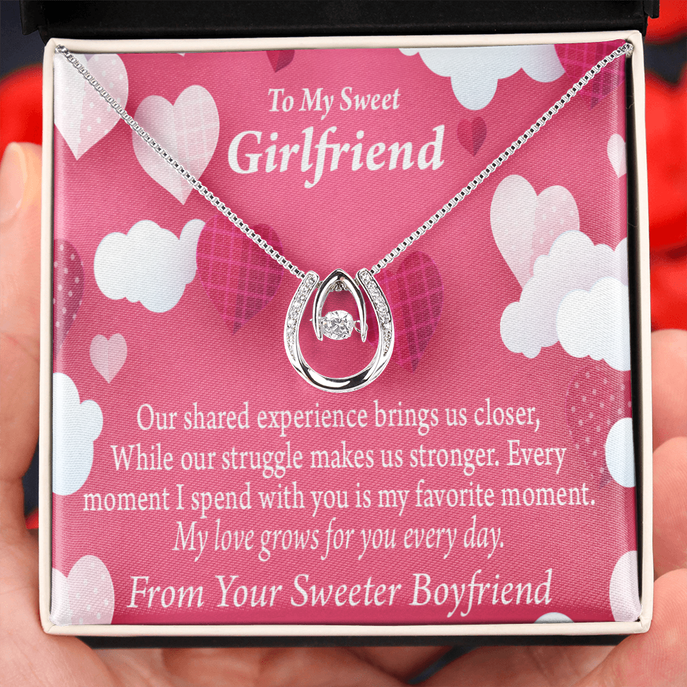 To My Girlfriend Every Moment Card Lucky Horseshoe Necklace Message Card 14k w CZ Crystals-Express Your Love Gifts