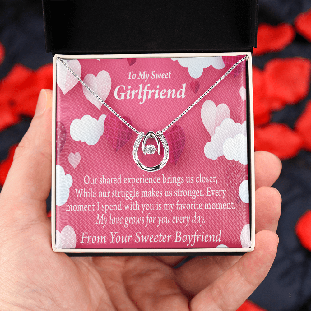 To My Girlfriend Every Moment Card Lucky Horseshoe Necklace Message Card 14k w CZ Crystals-Express Your Love Gifts