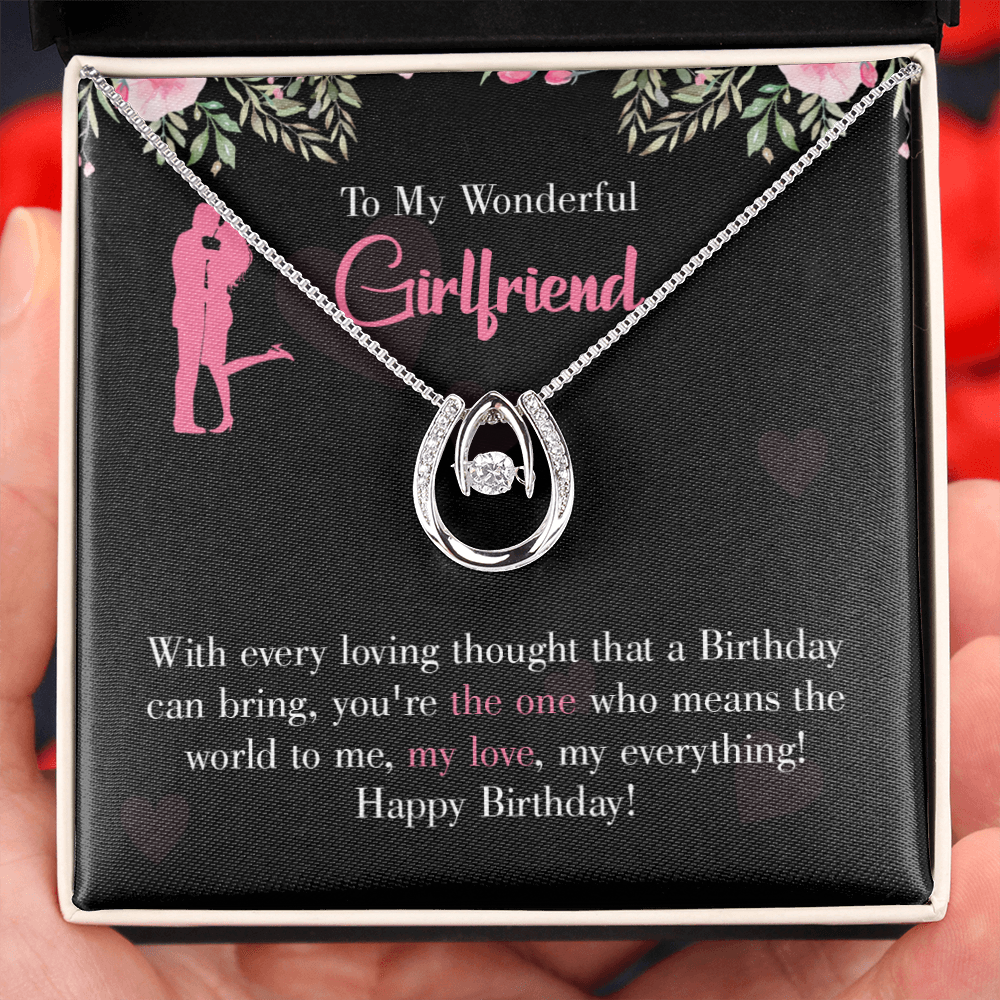 To My Girlfriend Happy Birthday! Lucky Horseshoe Necklace Message Card 14k w CZ Crystals-Express Your Love Gifts