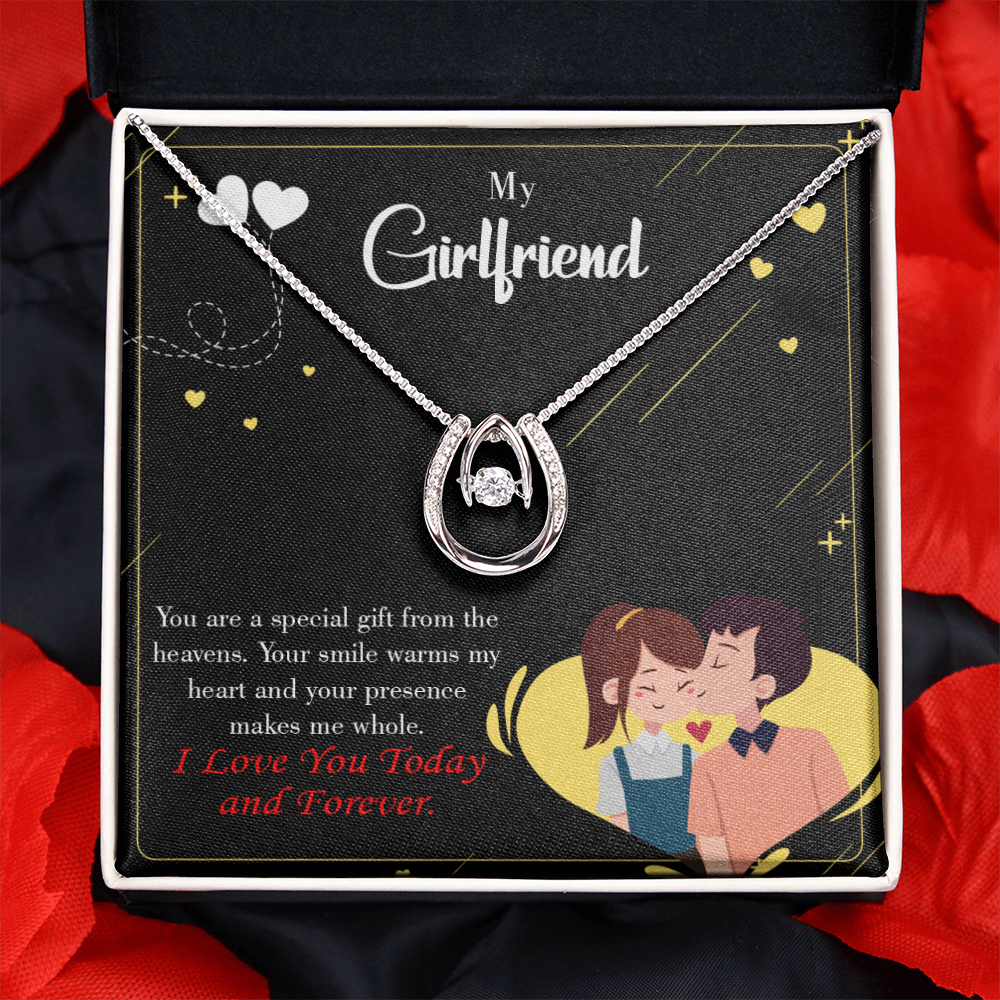 To My Girlfriend Today & Forever Lucky Horseshoe Necklace Message Card 14k w CZ Crystals-Express Your Love Gifts