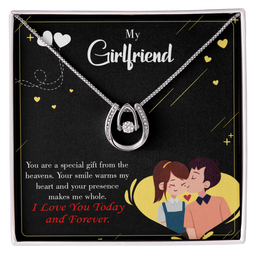 To My Girlfriend Today & Forever Lucky Horseshoe Necklace Message Card 14k w CZ Crystals-Express Your Love Gifts