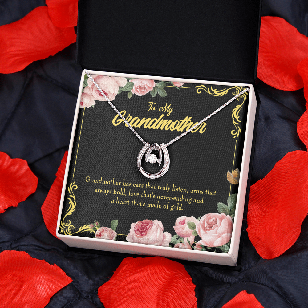 To My Grandmother Heart of Gold Lucky Horseshoe Necklace Message Card 14k w CZ Crystals-Express Your Love Gifts