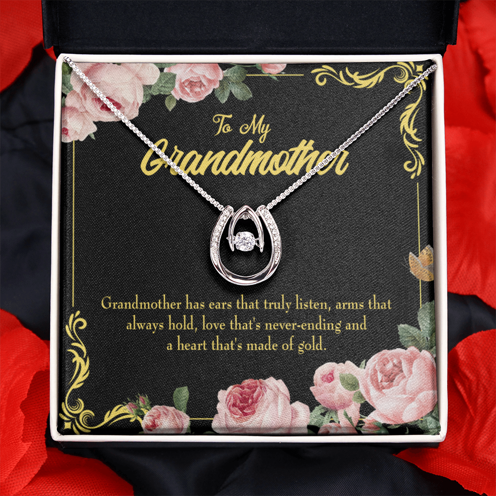 To My Grandmother Heart of Gold Lucky Horseshoe Necklace Message Card 14k w CZ Crystals-Express Your Love Gifts