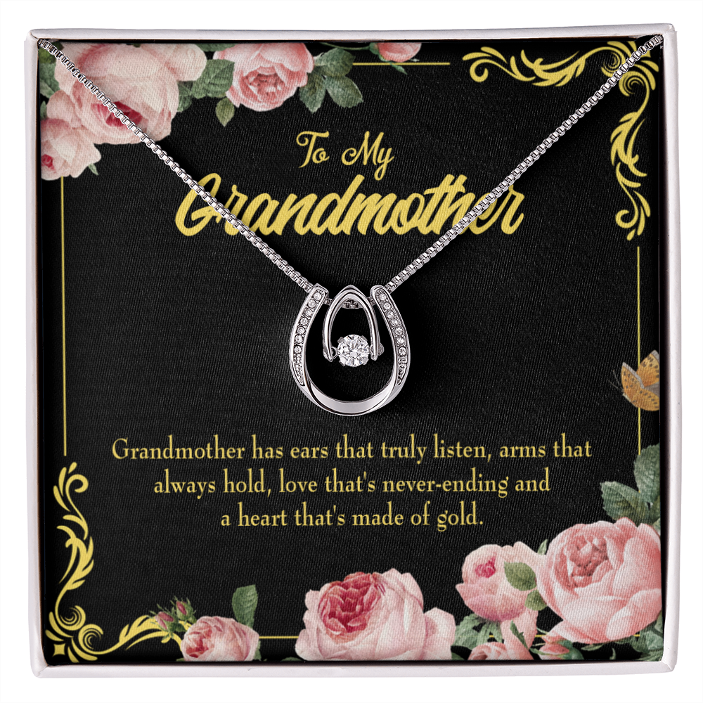 To My Grandmother Heart of Gold Lucky Horseshoe Necklace Message Card 14k w CZ Crystals-Express Your Love Gifts