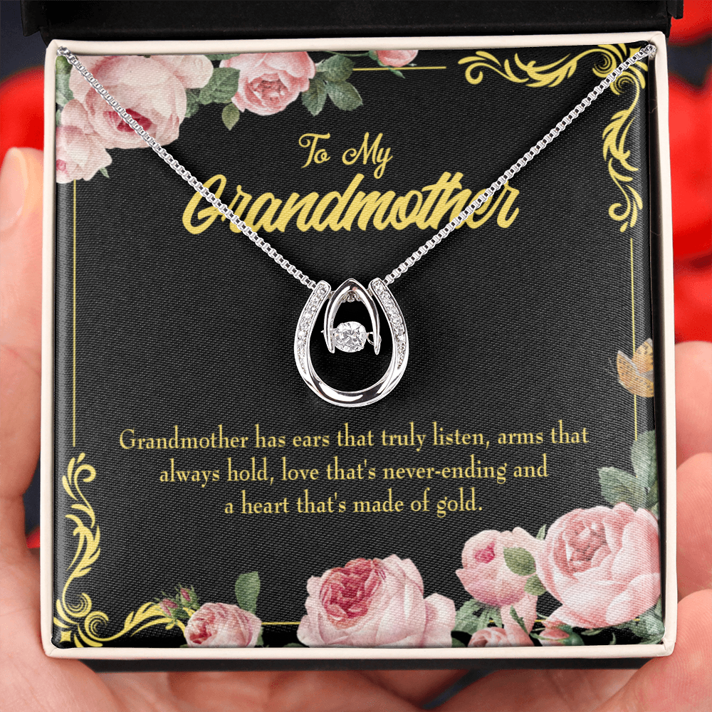 To My Grandmother Heart of Gold Lucky Horseshoe Necklace Message Card 14k w CZ Crystals-Express Your Love Gifts