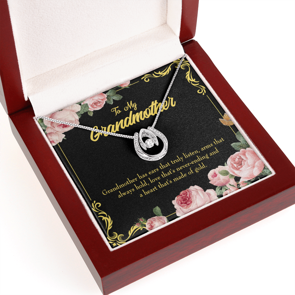 To My Grandmother Heart of Gold Lucky Horseshoe Necklace Message Card 14k w CZ Crystals-Express Your Love Gifts