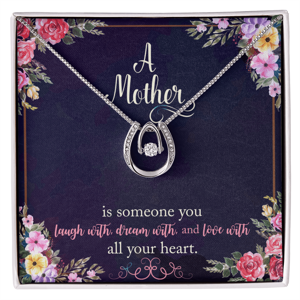 To My Mom A Mother is Someone You Laugh With Lucky Horseshoe Necklace Message Card 14k w CZ Crystals-Express Your Love Gifts