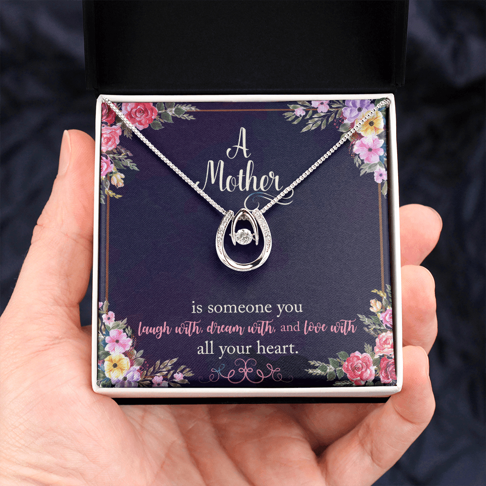 To My Mom A Mother is Someone You Laugh With Lucky Horseshoe Necklace Message Card 14k w CZ Crystals-Express Your Love Gifts