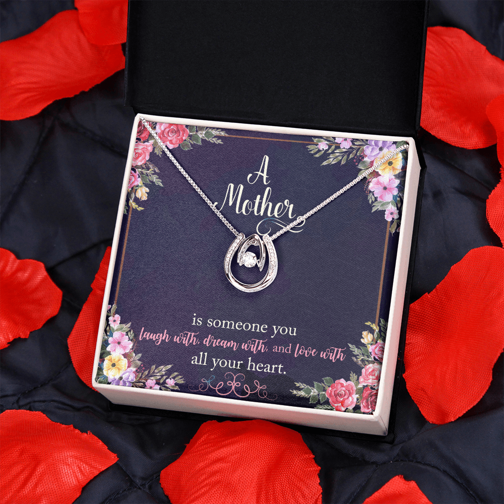 To My Mom A Mother is Someone You Laugh With Lucky Horseshoe Necklace Message Card 14k w CZ Crystals-Express Your Love Gifts