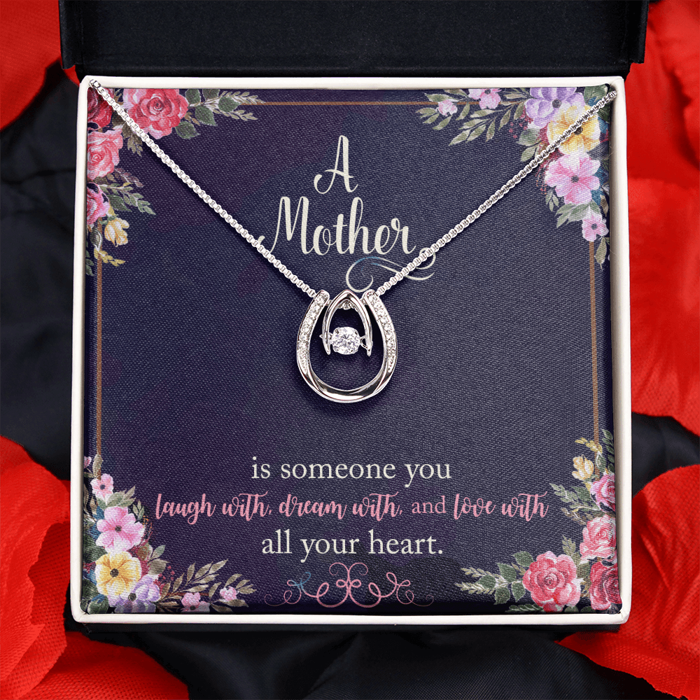 To My Mom A Mother is Someone You Laugh With Lucky Horseshoe Necklace Message Card 14k w CZ Crystals-Express Your Love Gifts