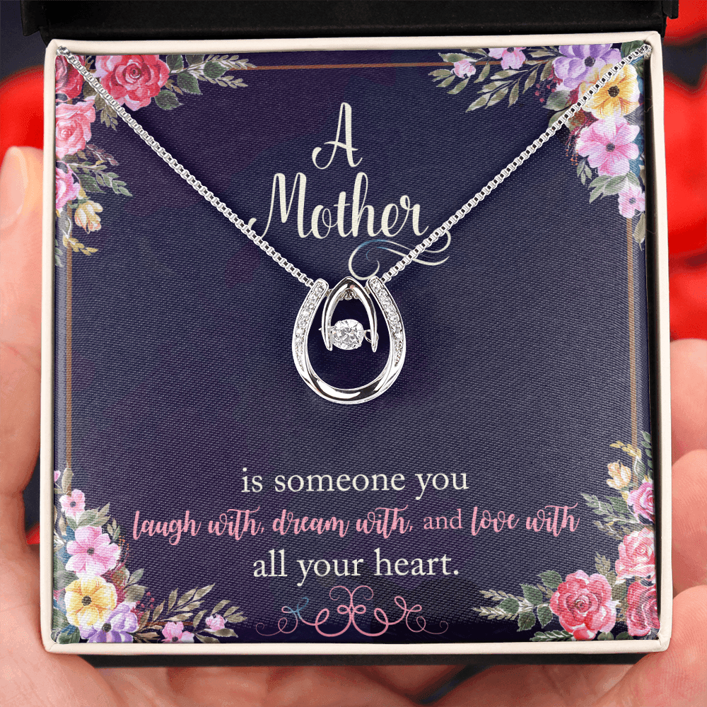 To My Mom A Mother is Someone You Laugh With Lucky Horseshoe Necklace Message Card 14k w CZ Crystals-Express Your Love Gifts