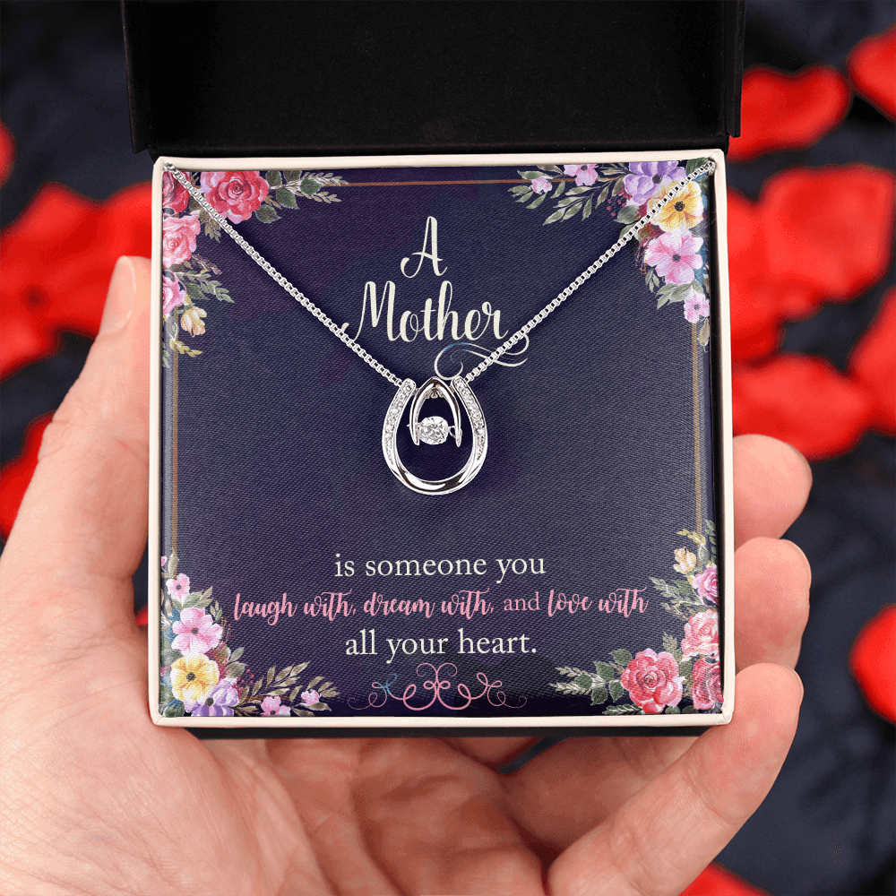 To My Mom A Mother is Someone You Laugh With Lucky Horseshoe Necklace Message Card 14k w CZ Crystals-Express Your Love Gifts