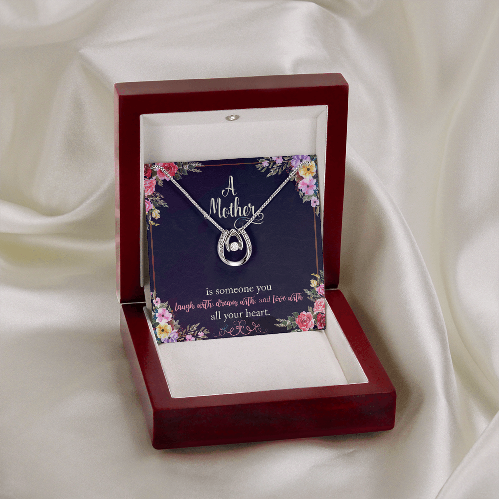 To My Mom A Mother is Someone You Laugh With Lucky Horseshoe Necklace Message Card 14k w CZ Crystals-Express Your Love Gifts