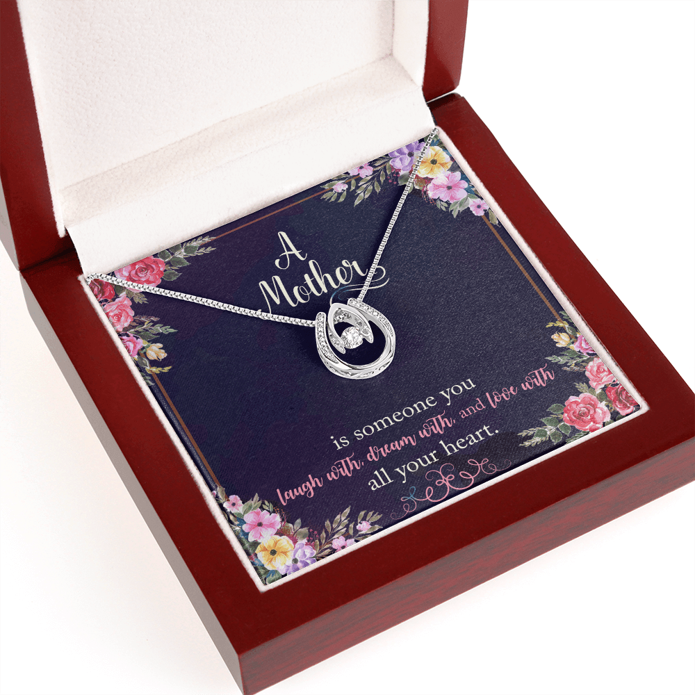 To My Mom A Mother is Someone You Laugh With Lucky Horseshoe Necklace Message Card 14k w CZ Crystals-Express Your Love Gifts