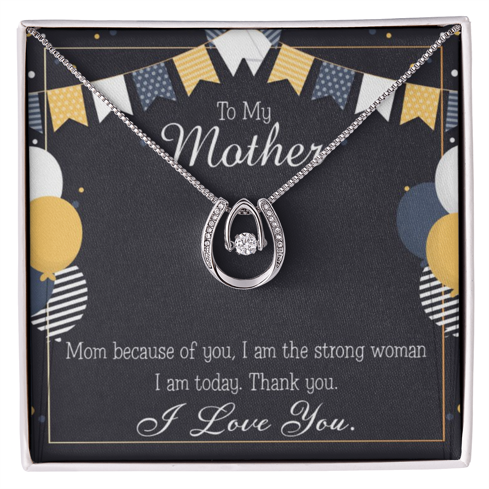 To My Mom Because of You Mom Lucky Horseshoe Necklace Message Card 14k w CZ Crystals-Express Your Love Gifts