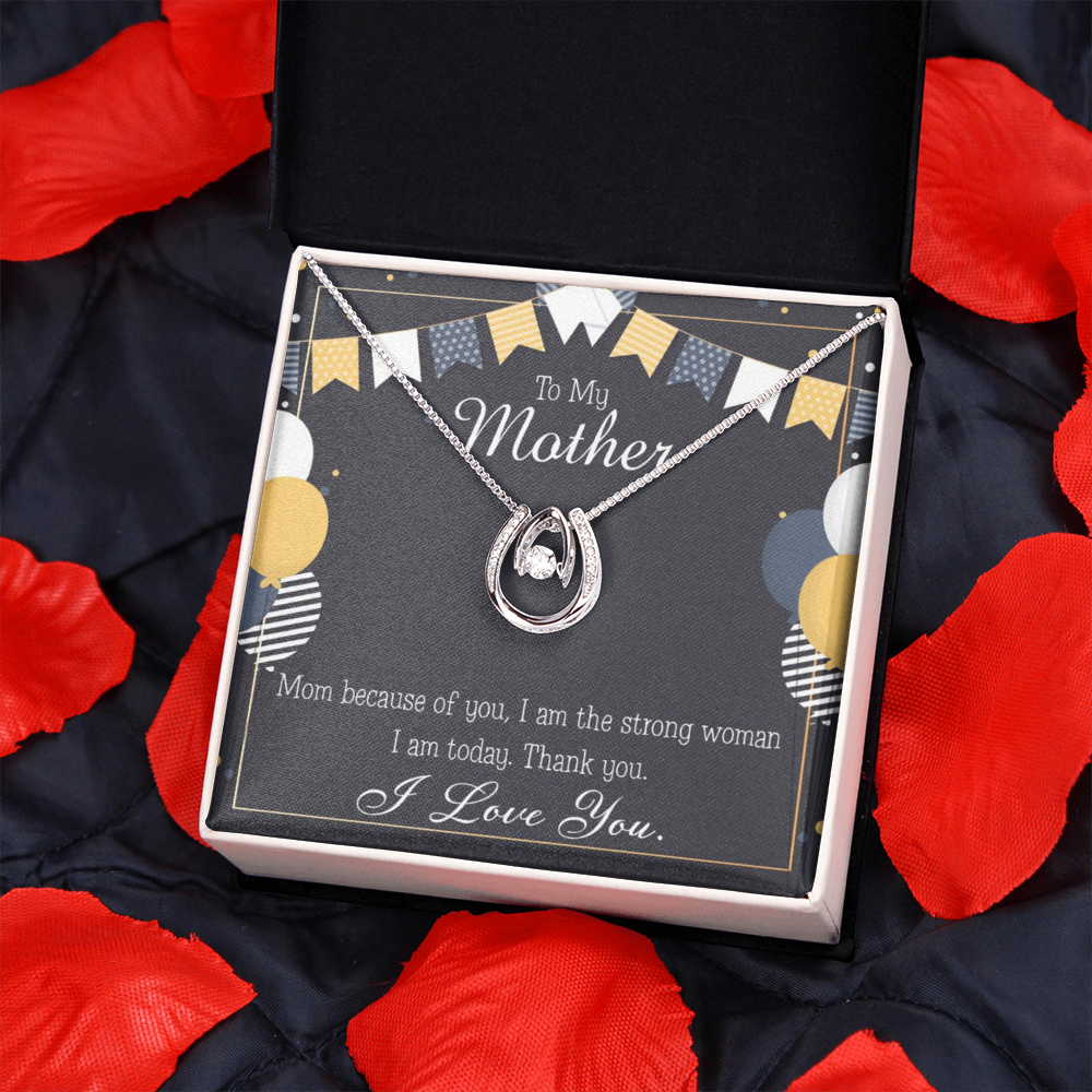 To My Mom Because of You Mom Lucky Horseshoe Necklace Message Card 14k w CZ Crystals-Express Your Love Gifts