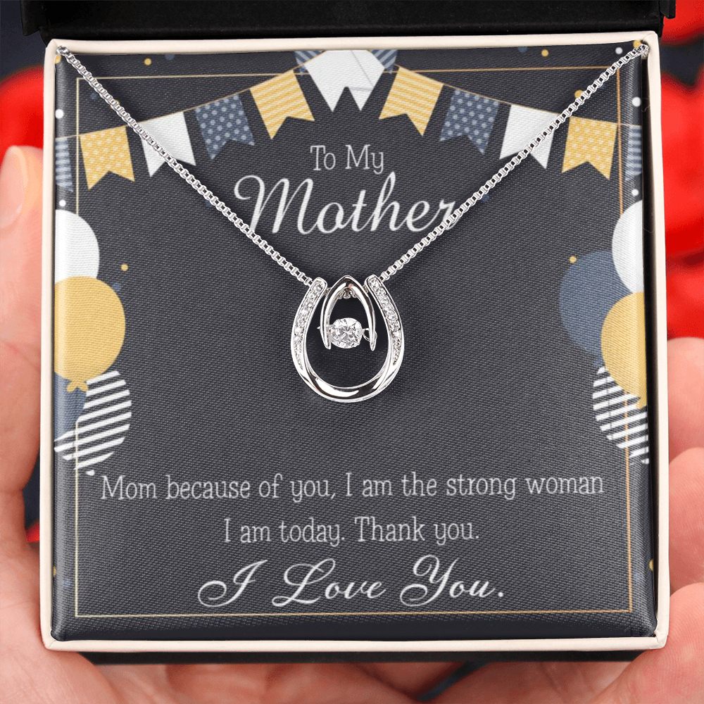 To My Mom Because of You Mom Lucky Horseshoe Necklace Message Card 14k w CZ Crystals-Express Your Love Gifts