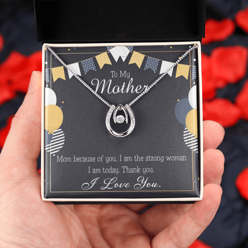 To My Mom Because of You Mom Lucky Horseshoe Necklace Message Card 14k w CZ Crystals-Express Your Love Gifts