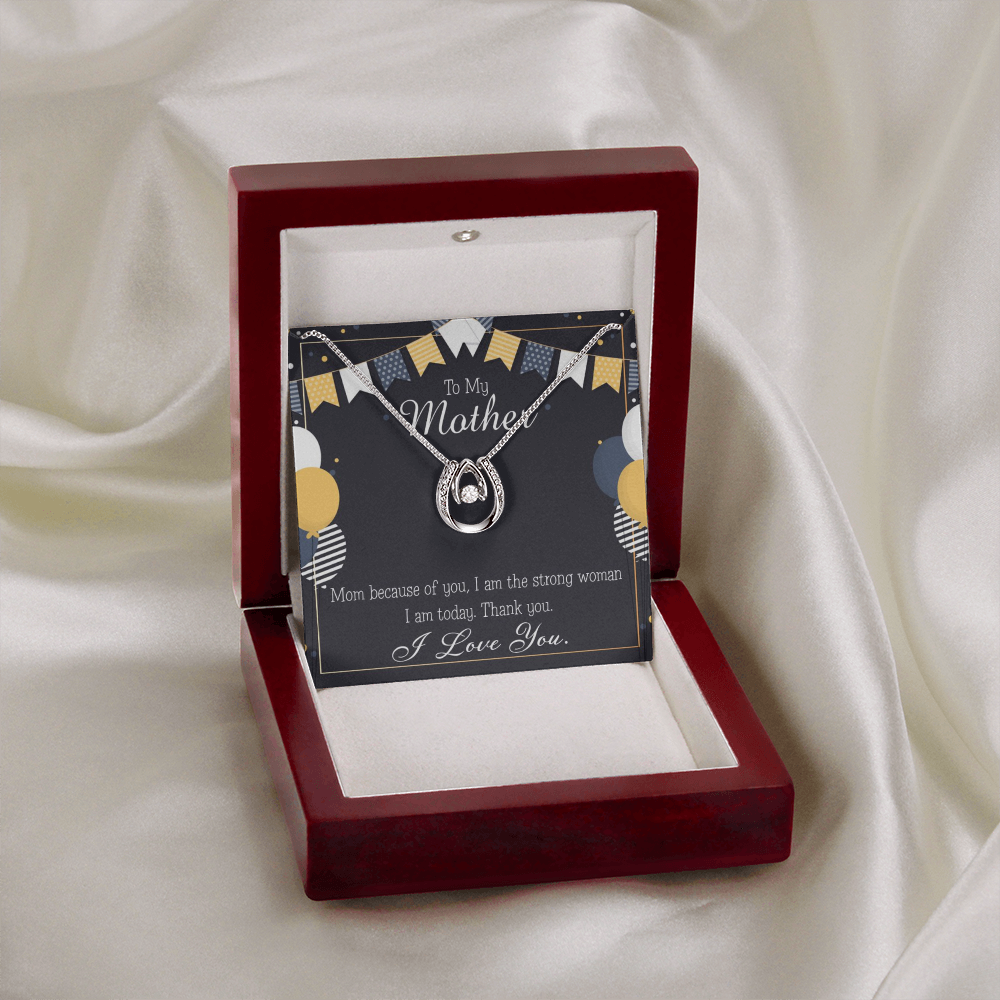 To My Mom Because of You Mom Lucky Horseshoe Necklace Message Card 14k w CZ Crystals-Express Your Love Gifts