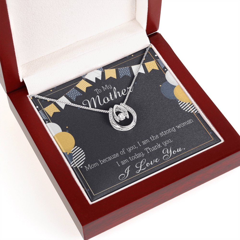 To My Mom Because of You Mom Lucky Horseshoe Necklace Message Card 14k w CZ Crystals-Express Your Love Gifts