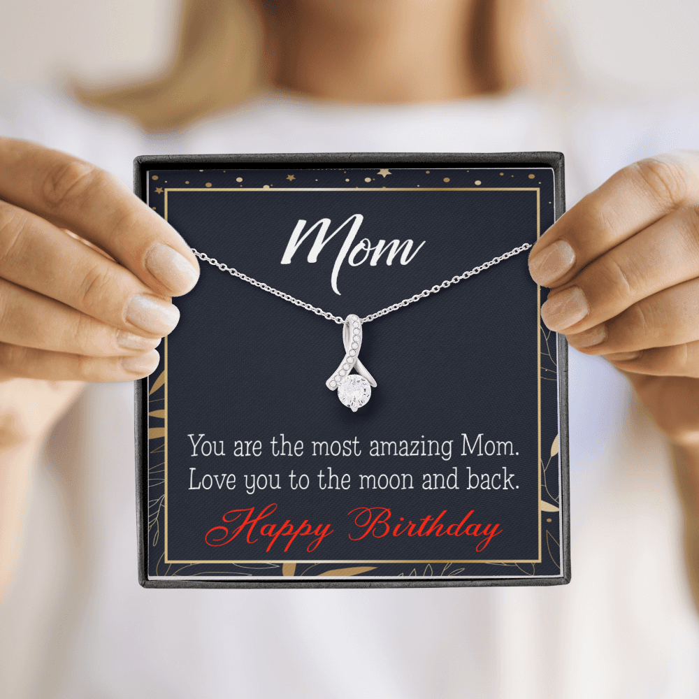 To My Mom Birthday Card To the Moon and Back Alluring Ribbon Necklace Message Card-Express Your Love Gifts