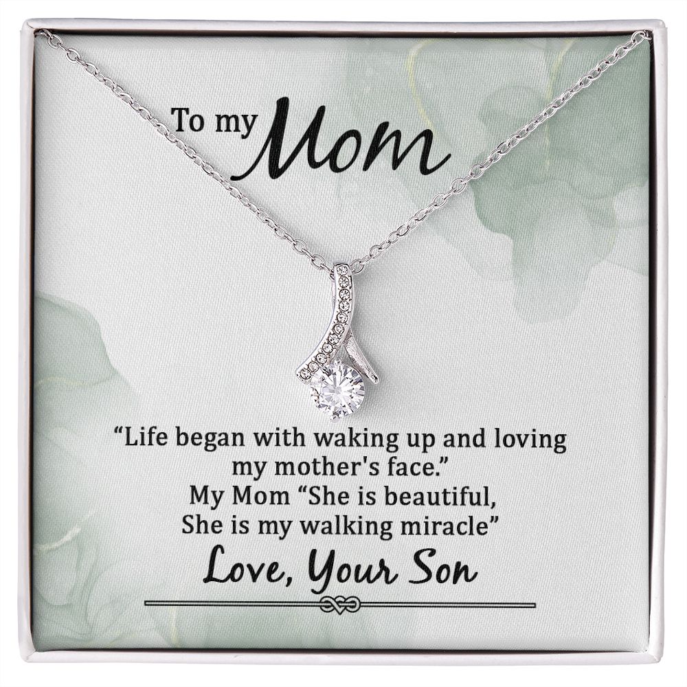 To My Mom Life Began With Walking Up Alluring Ribbon Necklace Message Card-Express Your Love Gifts