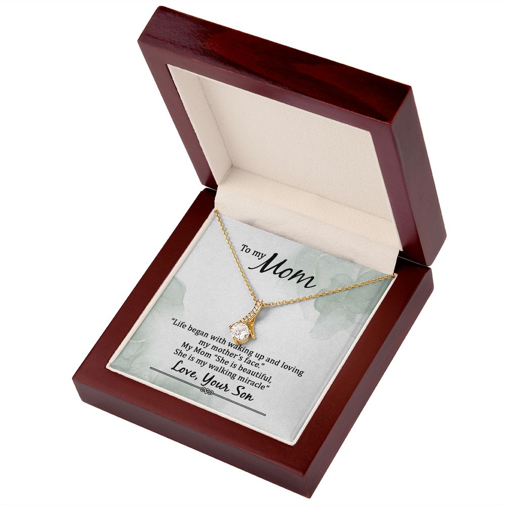 To My Mom Life Began With Walking Up Alluring Ribbon Necklace Message Card-Express Your Love Gifts