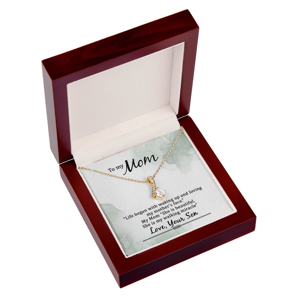 To My Mom Life Began With Walking Up Alluring Ribbon Necklace Message Card-Express Your Love Gifts