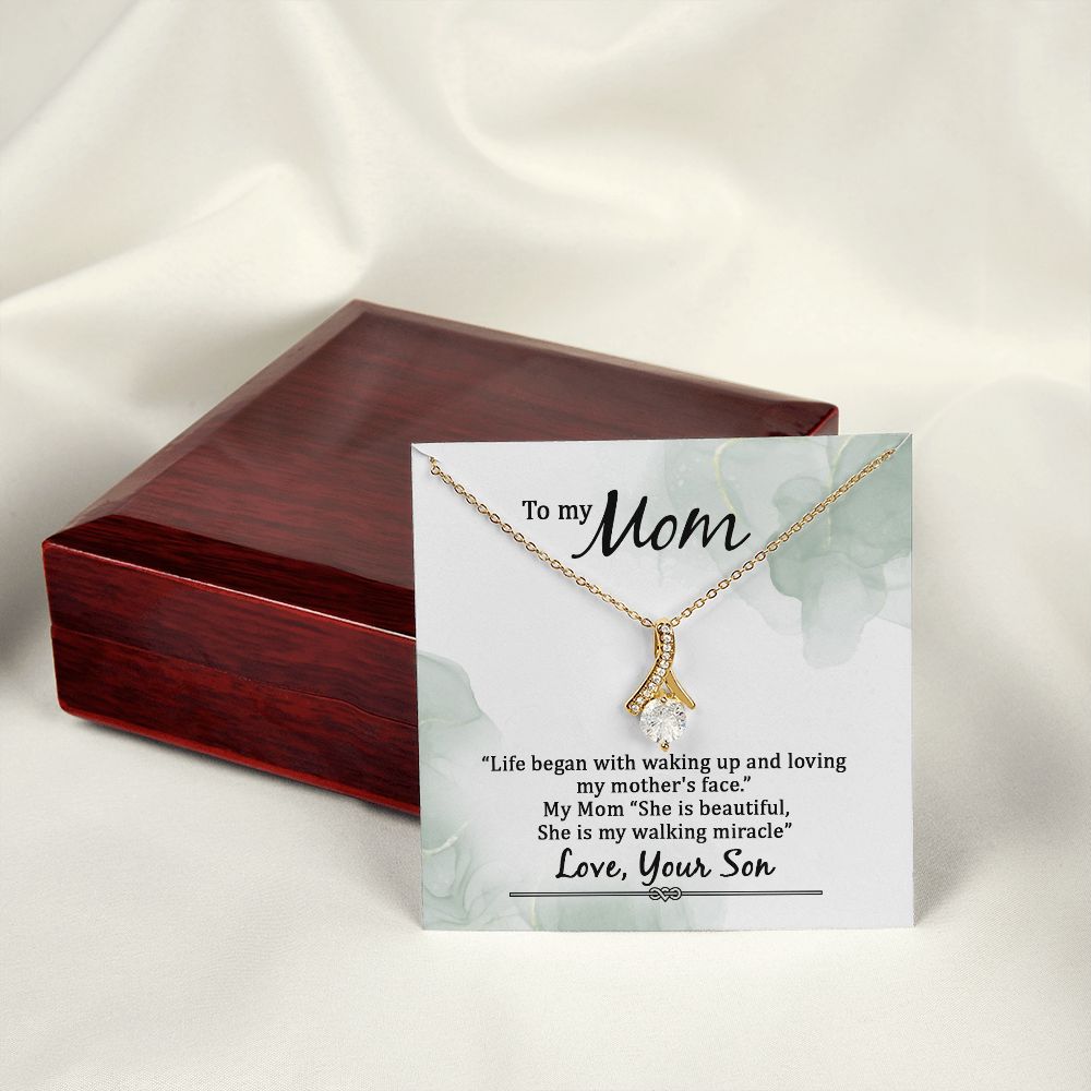 To My Mom Life Began With Walking Up Alluring Ribbon Necklace Message Card-Express Your Love Gifts