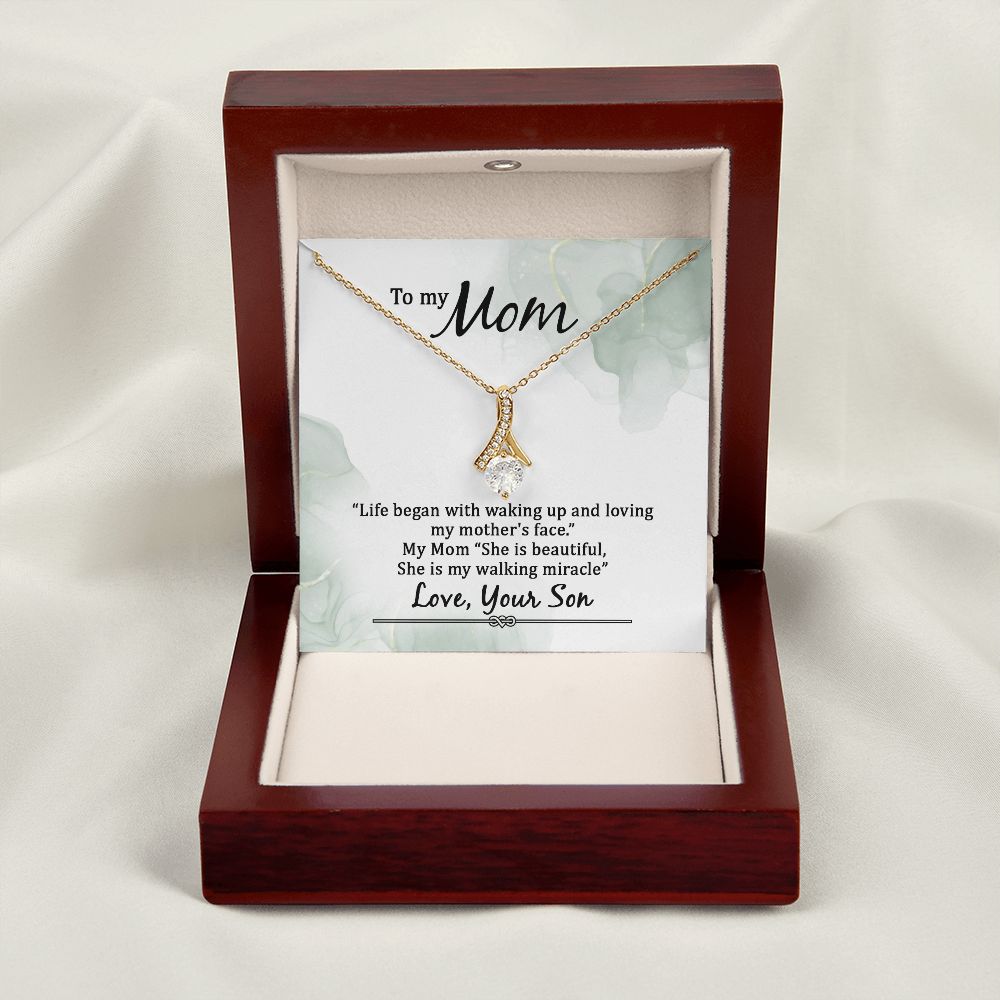 To My Mom Life Began With Walking Up Alluring Ribbon Necklace Message Card-Express Your Love Gifts