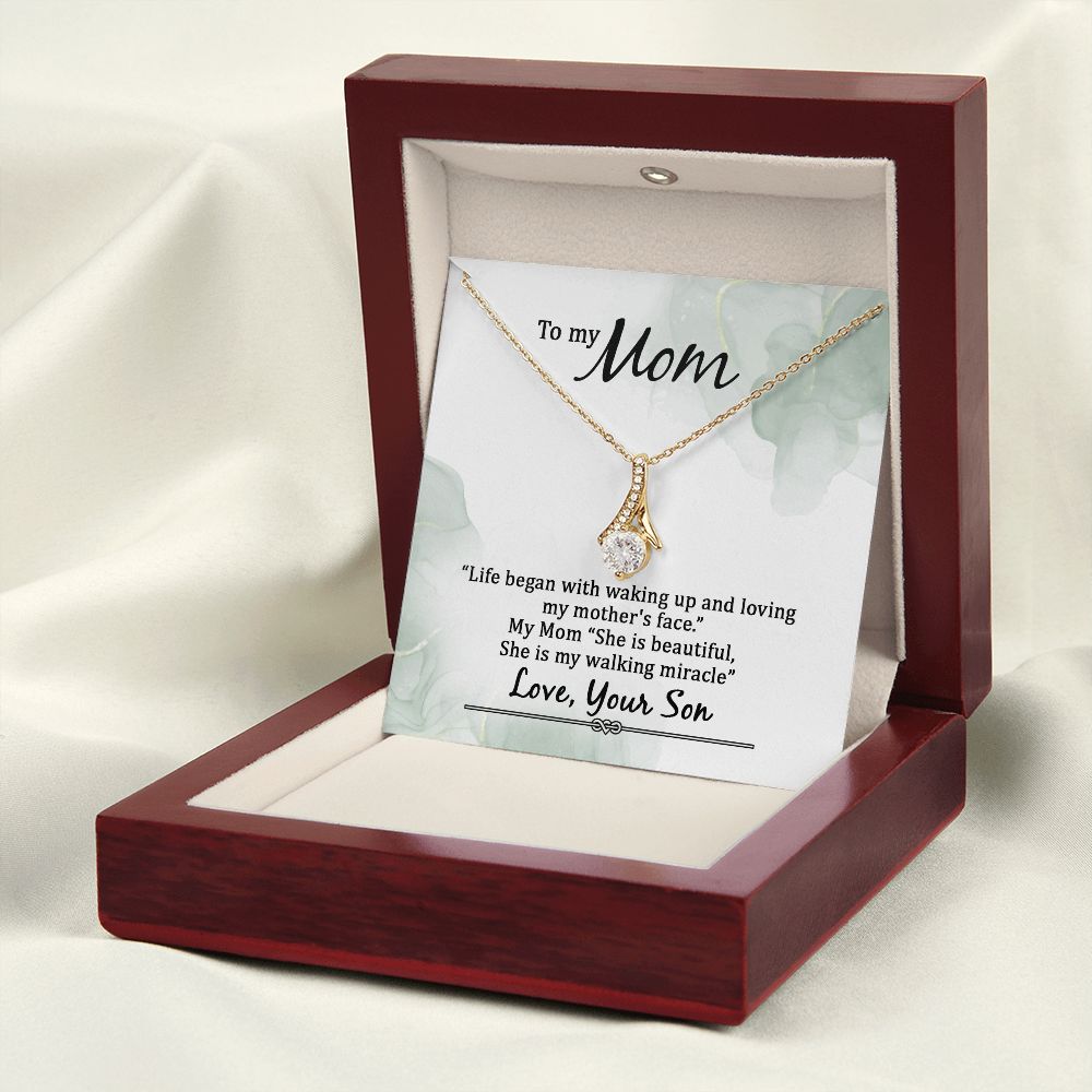 To My Mom Life Began With Walking Up Alluring Ribbon Necklace Message Card-Express Your Love Gifts