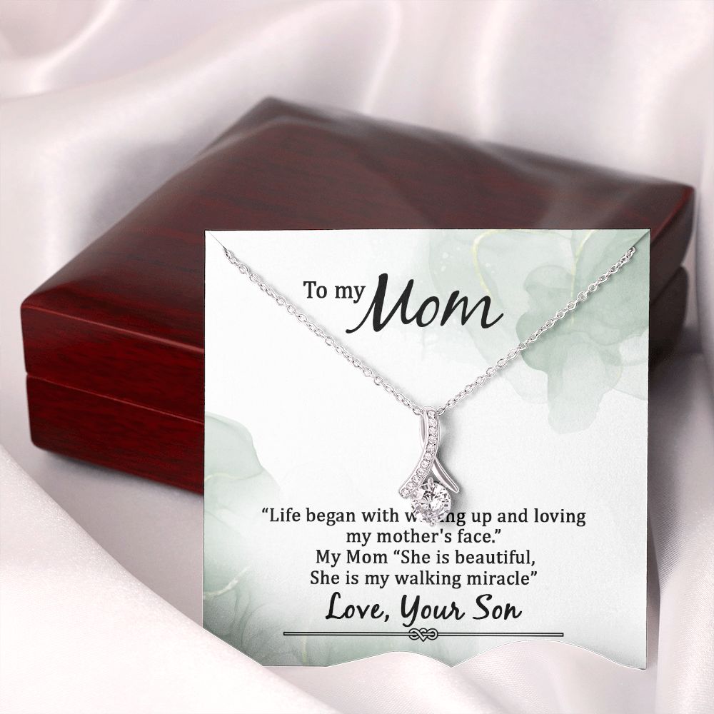 To My Mom Life Began With Walking Up Alluring Ribbon Necklace Message Card-Express Your Love Gifts