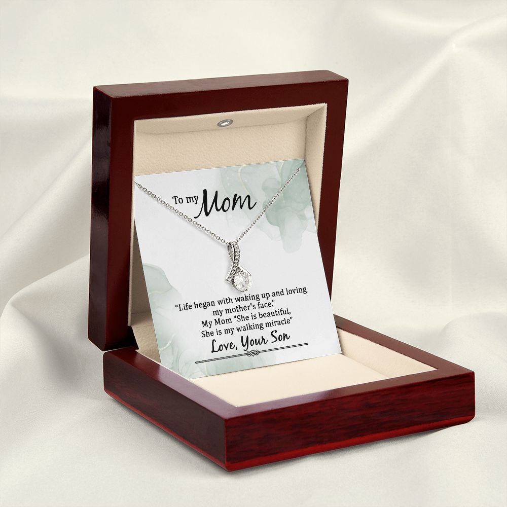 To My Mom Life Began With Walking Up Alluring Ribbon Necklace Message Card-Express Your Love Gifts