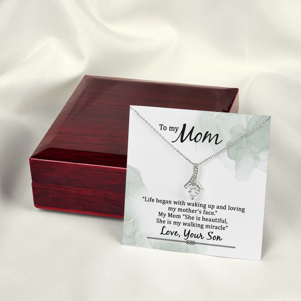 To My Mom Life Began With Walking Up Alluring Ribbon Necklace Message Card-Express Your Love Gifts