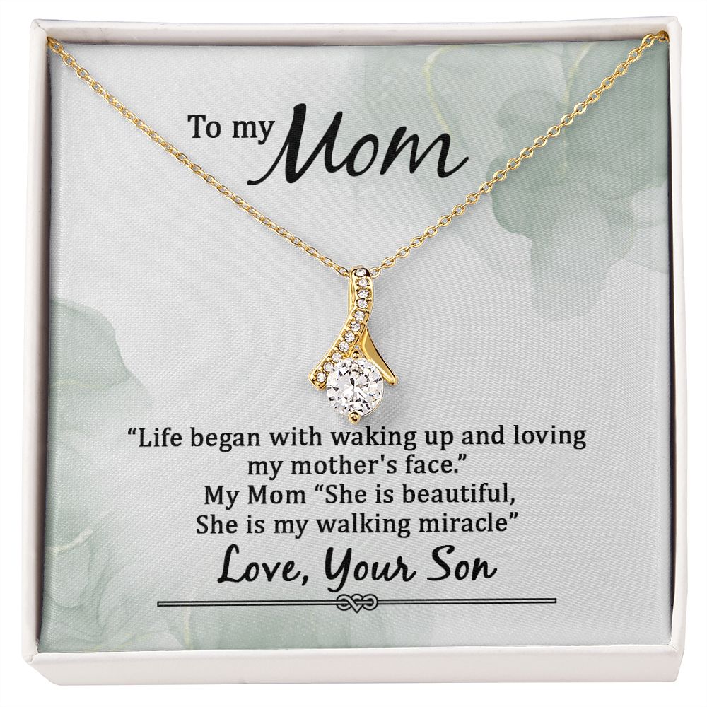 To My Mom Life Began With Walking Up Alluring Ribbon Necklace Message Card-Express Your Love Gifts