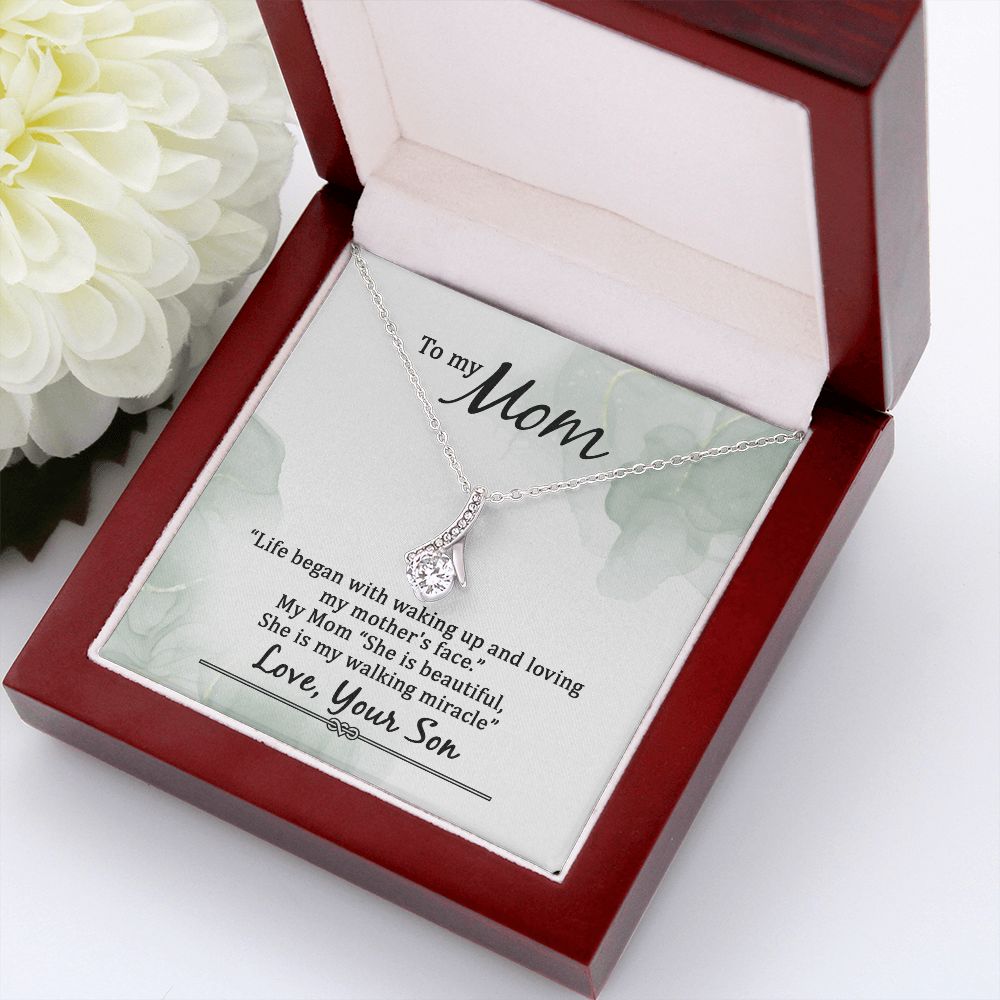 To My Mom Life Began With Walking Up Alluring Ribbon Necklace Message Card-Express Your Love Gifts