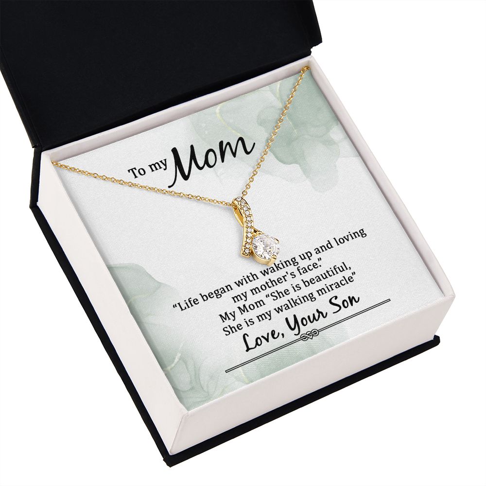 To My Mom Life Began With Walking Up Alluring Ribbon Necklace Message Card-Express Your Love Gifts