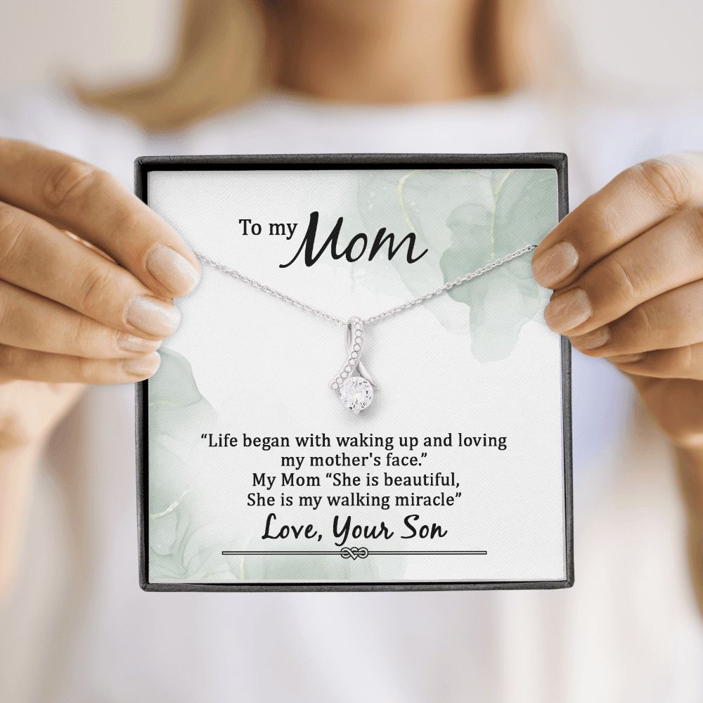 To My Mom Life Began With Walking Up Alluring Ribbon Necklace Message Card-Express Your Love Gifts