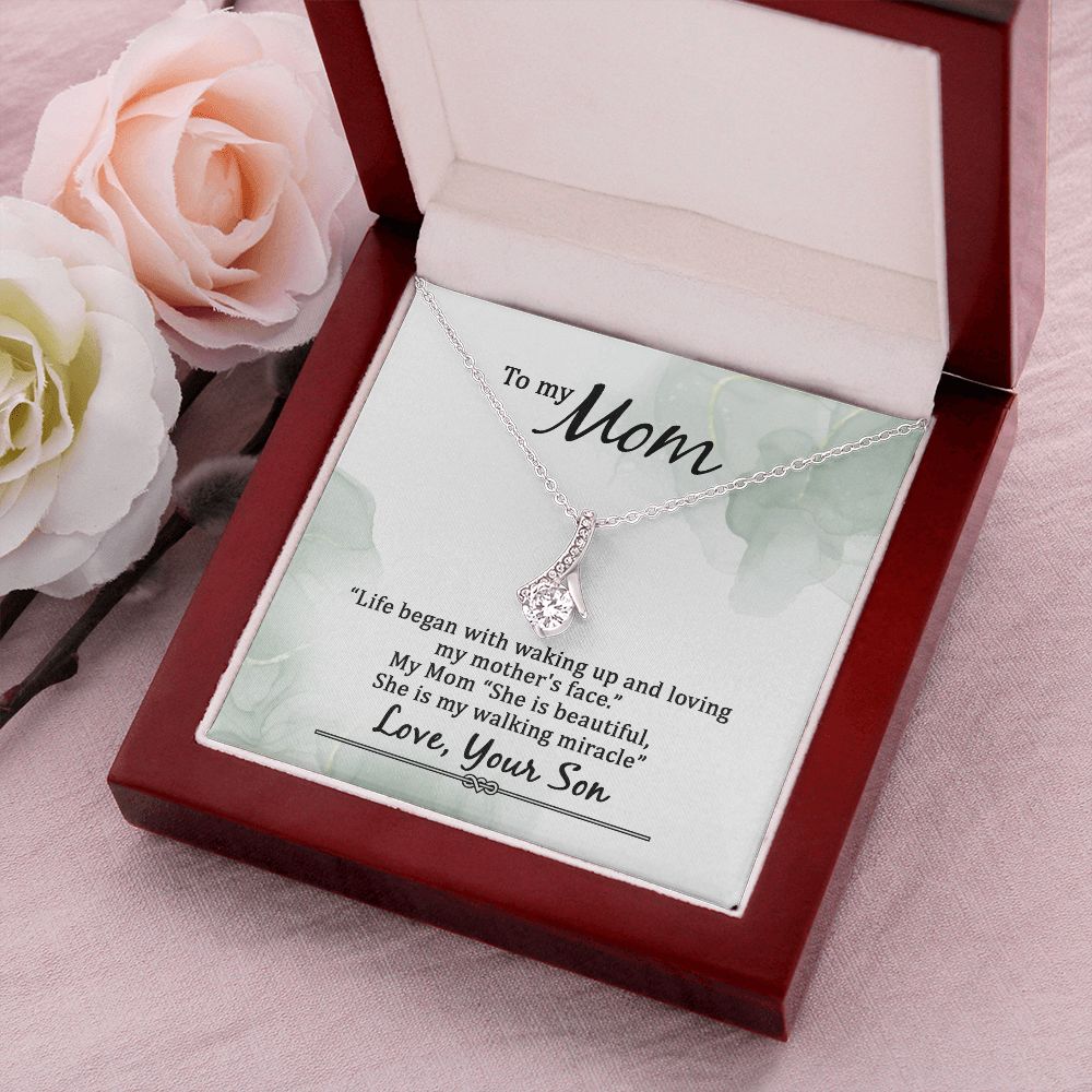 To My Mom Life Began With Walking Up Alluring Ribbon Necklace Message Card-Express Your Love Gifts