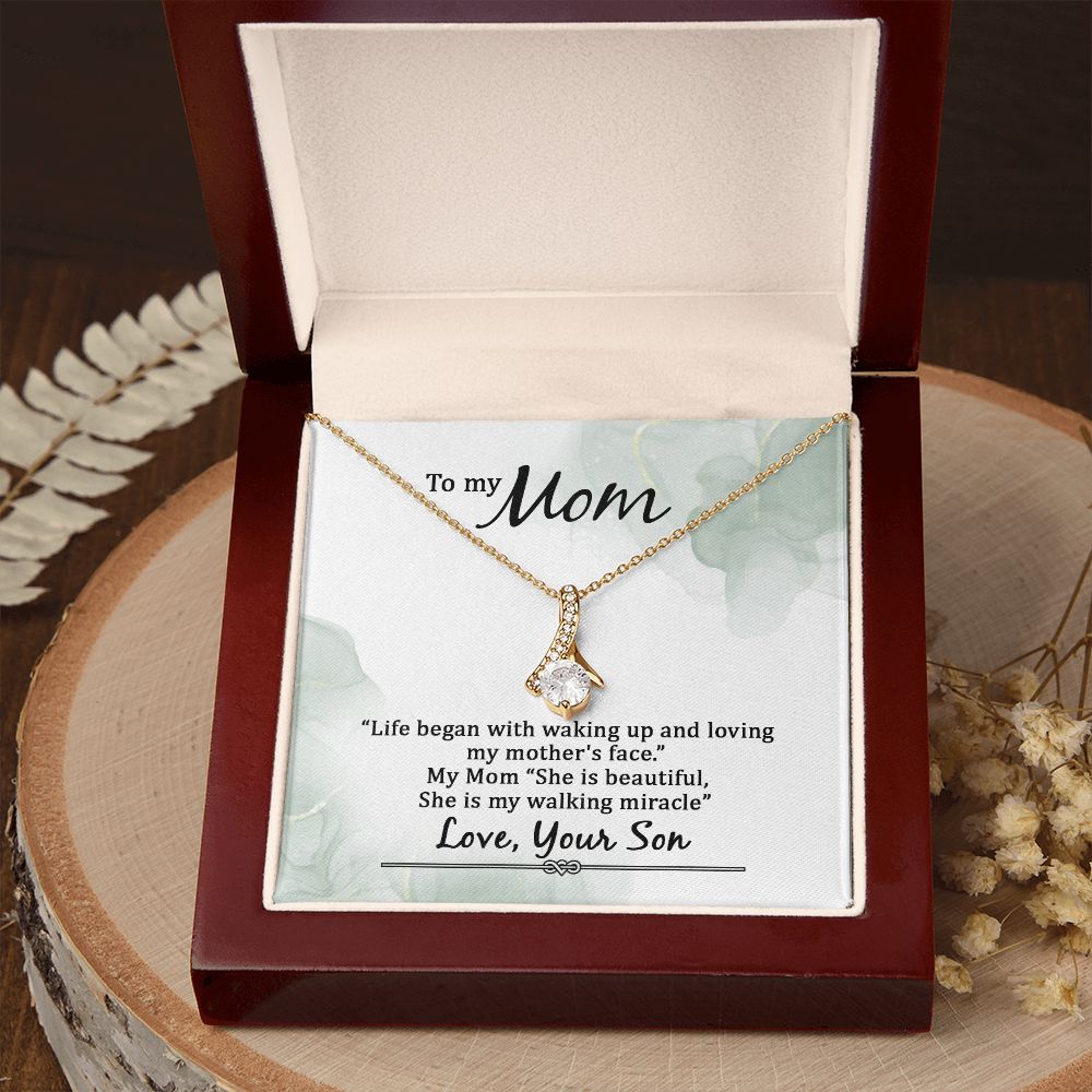 To My Mom Life Began With Walking Up Alluring Ribbon Necklace Message Card-Express Your Love Gifts