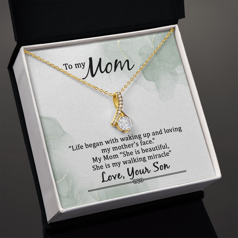 To My Mom Life Began With Walking Up Alluring Ribbon Necklace Message Card-Express Your Love Gifts