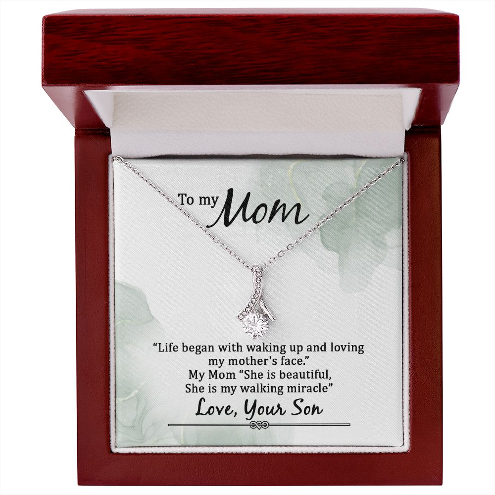 To My Mom Life Began With Walking Up Alluring Ribbon Necklace Message Card-Express Your Love Gifts