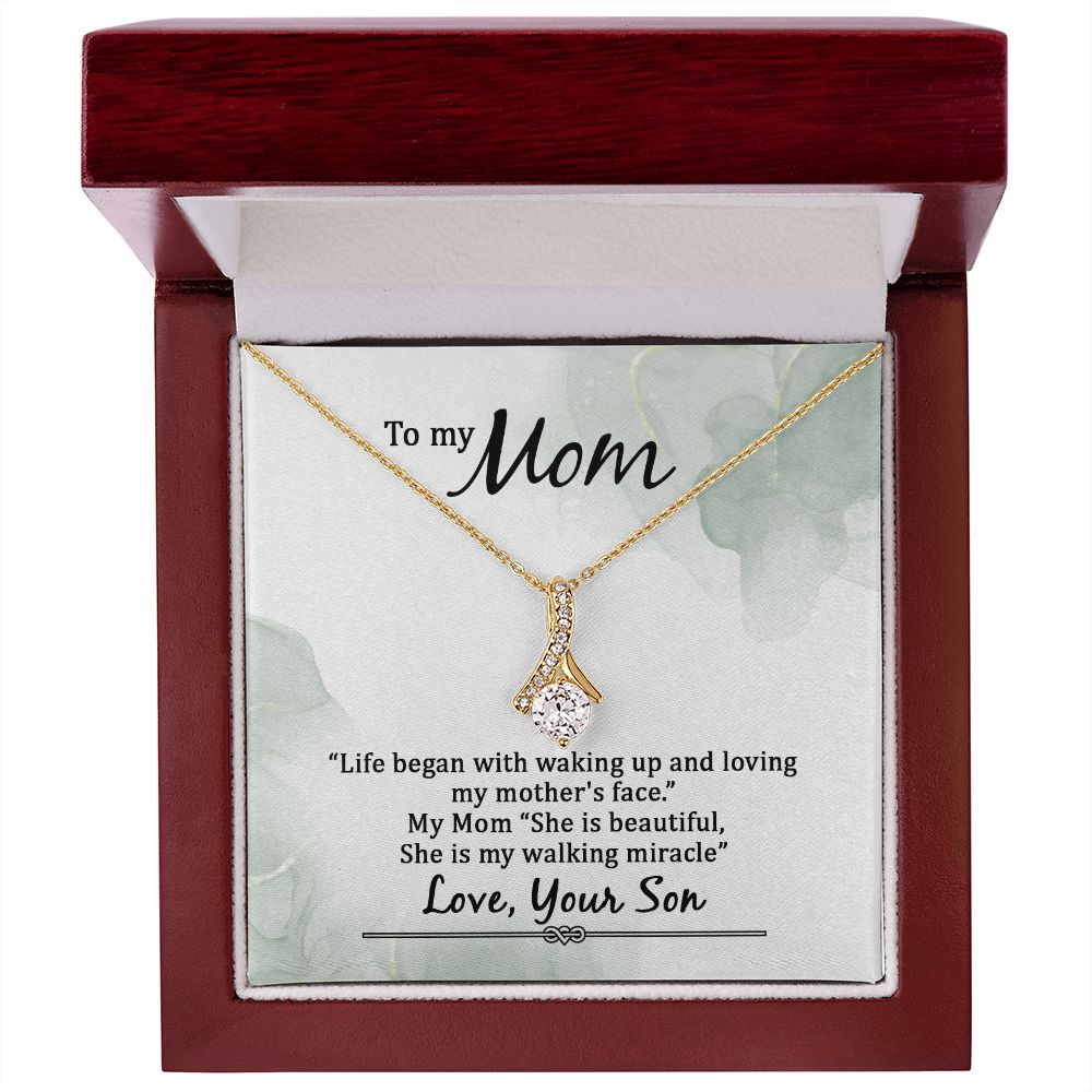 To My Mom Life Began With Walking Up Alluring Ribbon Necklace Message Card-Express Your Love Gifts