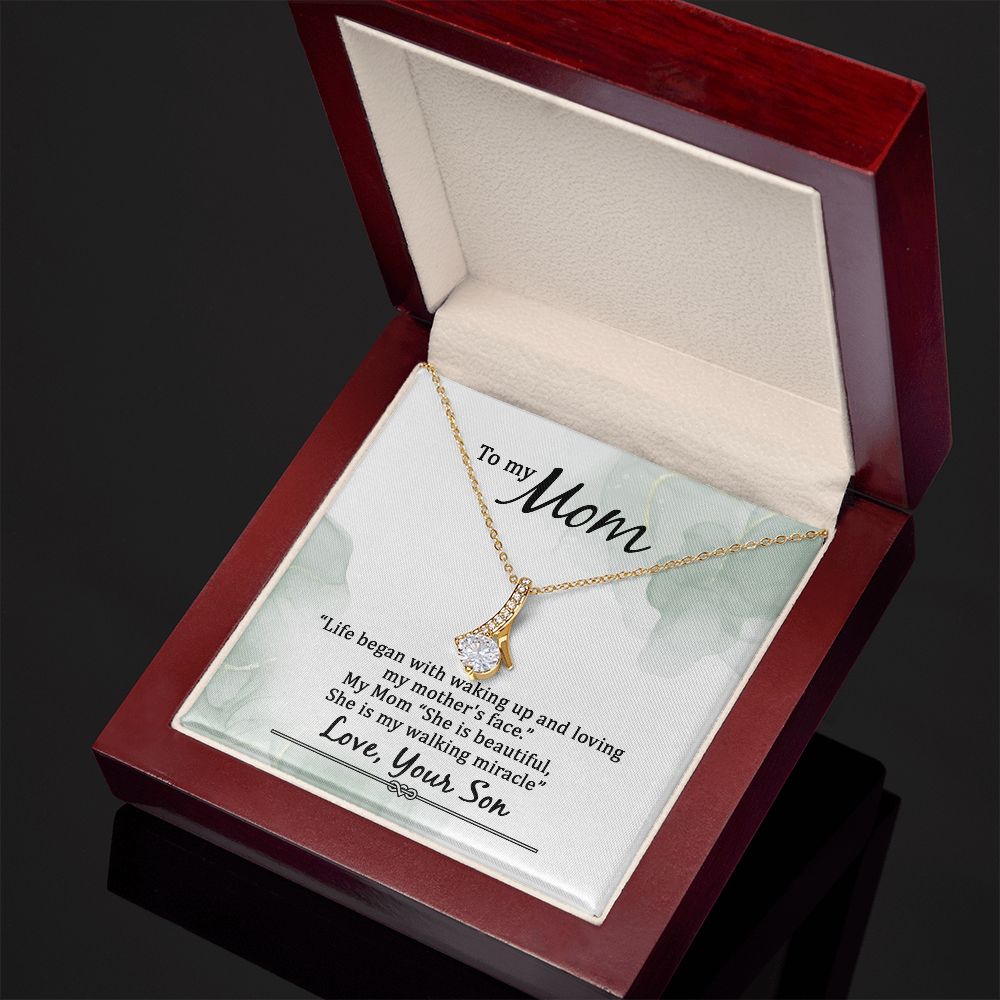 To My Mom Life Began With Walking Up Alluring Ribbon Necklace Message Card-Express Your Love Gifts