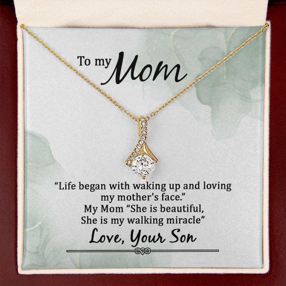 To My Mom Life Began With Walking Up Alluring Ribbon Necklace Message Card-Express Your Love Gifts